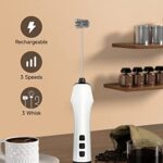 Milk Frother Handheld, USB Rechargeable Milk Foam Maker with 3 Stainless Whisks, Mini Blender Mixer 3 Speeds Adjustable for Coffee, Latte, Cappuccino, Matcha, Hot Chocolate, Egg (No base-white)