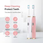 2 Pack Toothbrush Electric for Adults, Rechargeable Sonic Toothbrush Bundle for Oral Care,10 Toothbrush Heads Replacement, 5 Modes, Smart Timer, 2 Hours Charge for 60 Days (White&Pink)