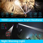 LED Rechargeable Headlamp, Headlight 90000 Lumens Super Bright with 6 Modes & IPX5 Warning Light, Motion Sensor Adjustable Headband Head Lamp, 60° Adjustable for Adult Outdoor Camping Running Cycling