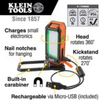 Klein Tools 56403 LED Light, Rechargeable Flashlight / Worklight with Kickstand and Carabiner, Charges Small Electronics, for Work, Camping