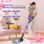 POWEART Cordless Vacuum Cleaner, 350W 30Kpa Lightweight Stick Vacuum, 8-in-1 Self-Standing Rechargeable Battery Vacuum Up to 45mins Runtime, Cordless Stick Vacuum for Pet Hair Hard Floor Carpet-Purple